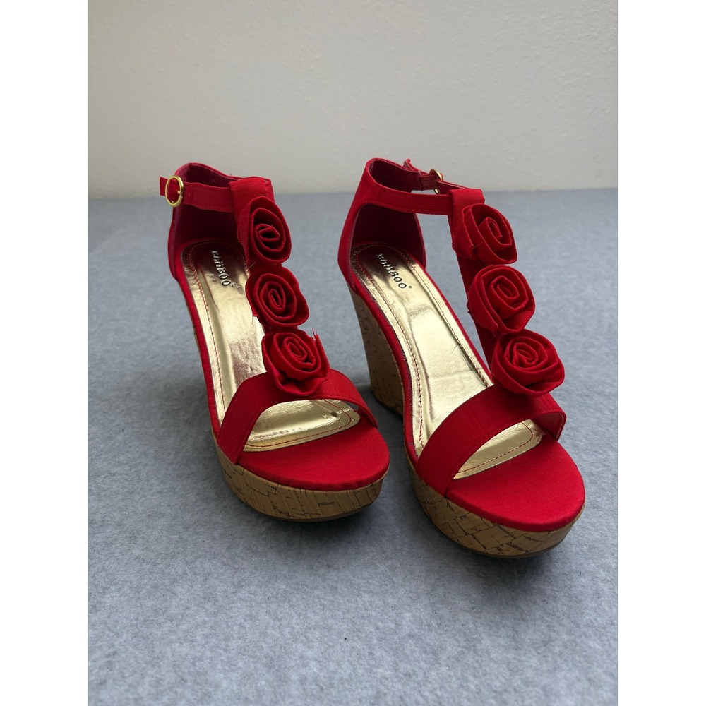 Bamboo Leanne-09C Red Rosette Cork Wedge Sandals T-Strap Platform Heels Size 10